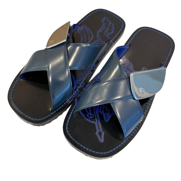 Burberry Navy Blue Leather EKD Strip Shield Slide Sandal, all sizes - Picture 1 of 14